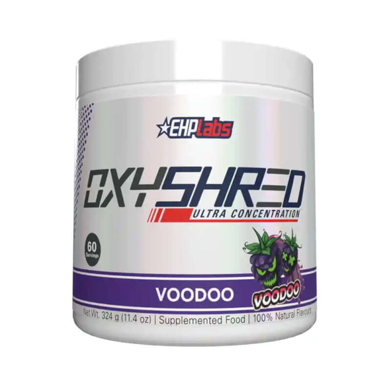 White supplement container of EHP Labs Oxyshred ultra concentration in voodoo blackberry flavour