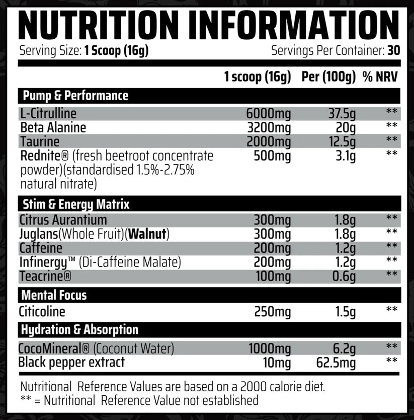 Nutrition information label for a supplement with various ingredients and their amounts.