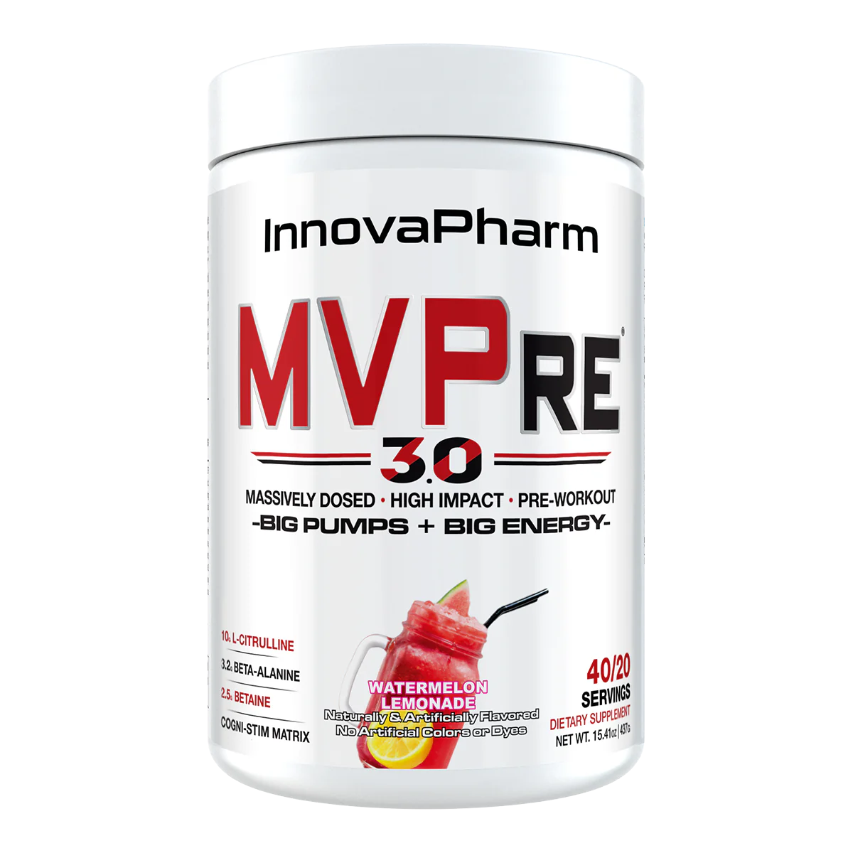 white supplement container of MVPre 3.0 pre workout supplement in watermelon lemonade flavour