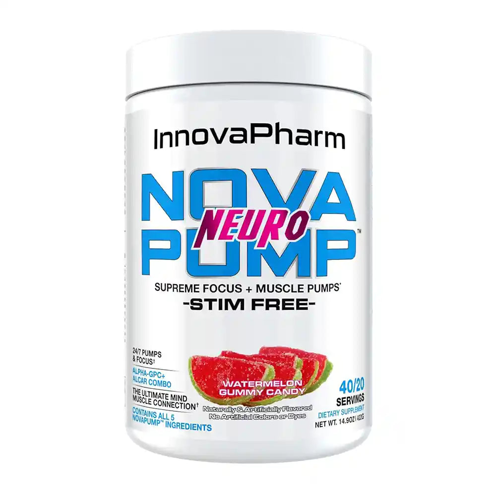 A container of InnovaPharm Nova Pump Neuro pre-workout supplement, with branding and flavour information displayed on the label.