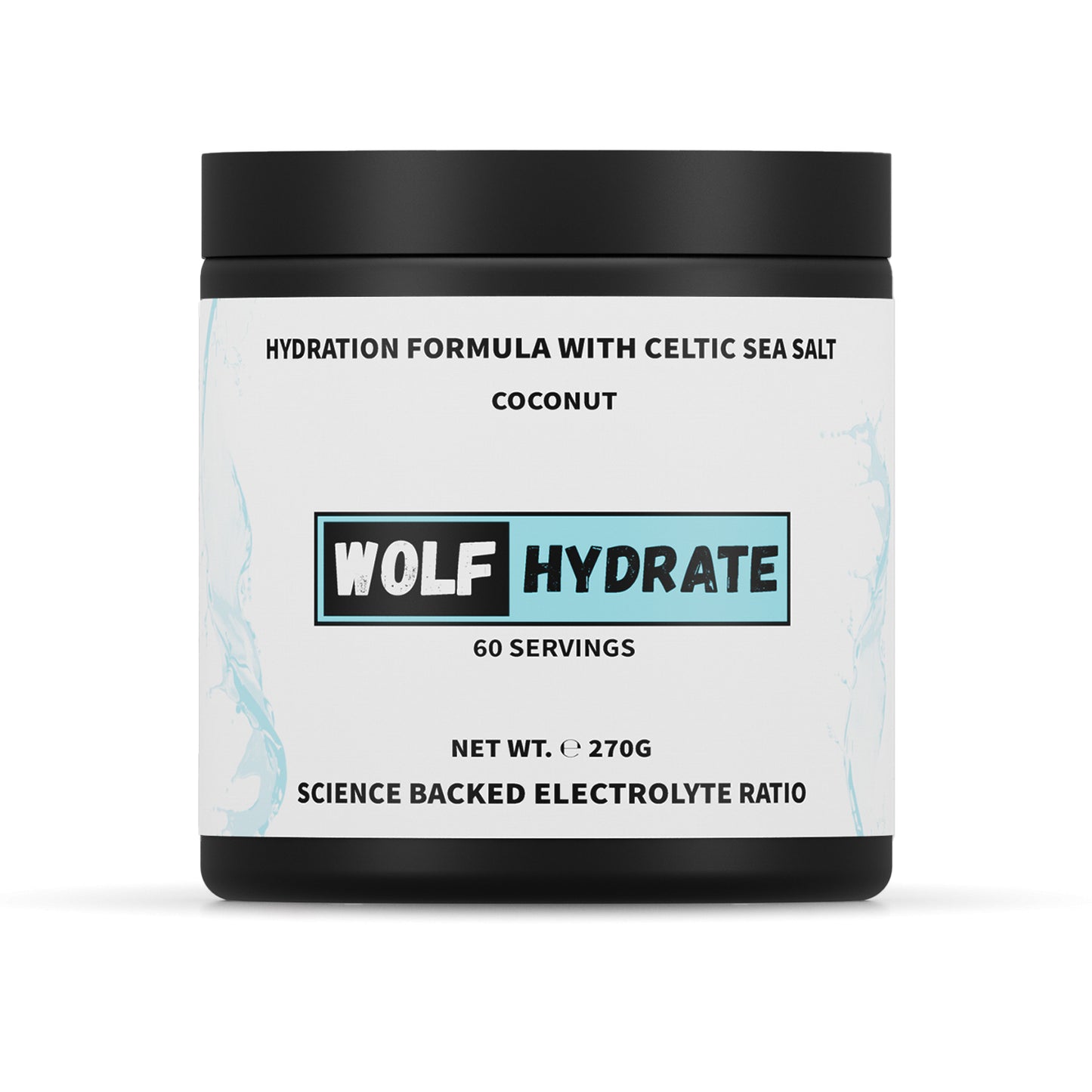 A 60 serving black plastic tub of Wolf Hydrate Coconut electrolyte powder with a white label, shown on a clean white background.
