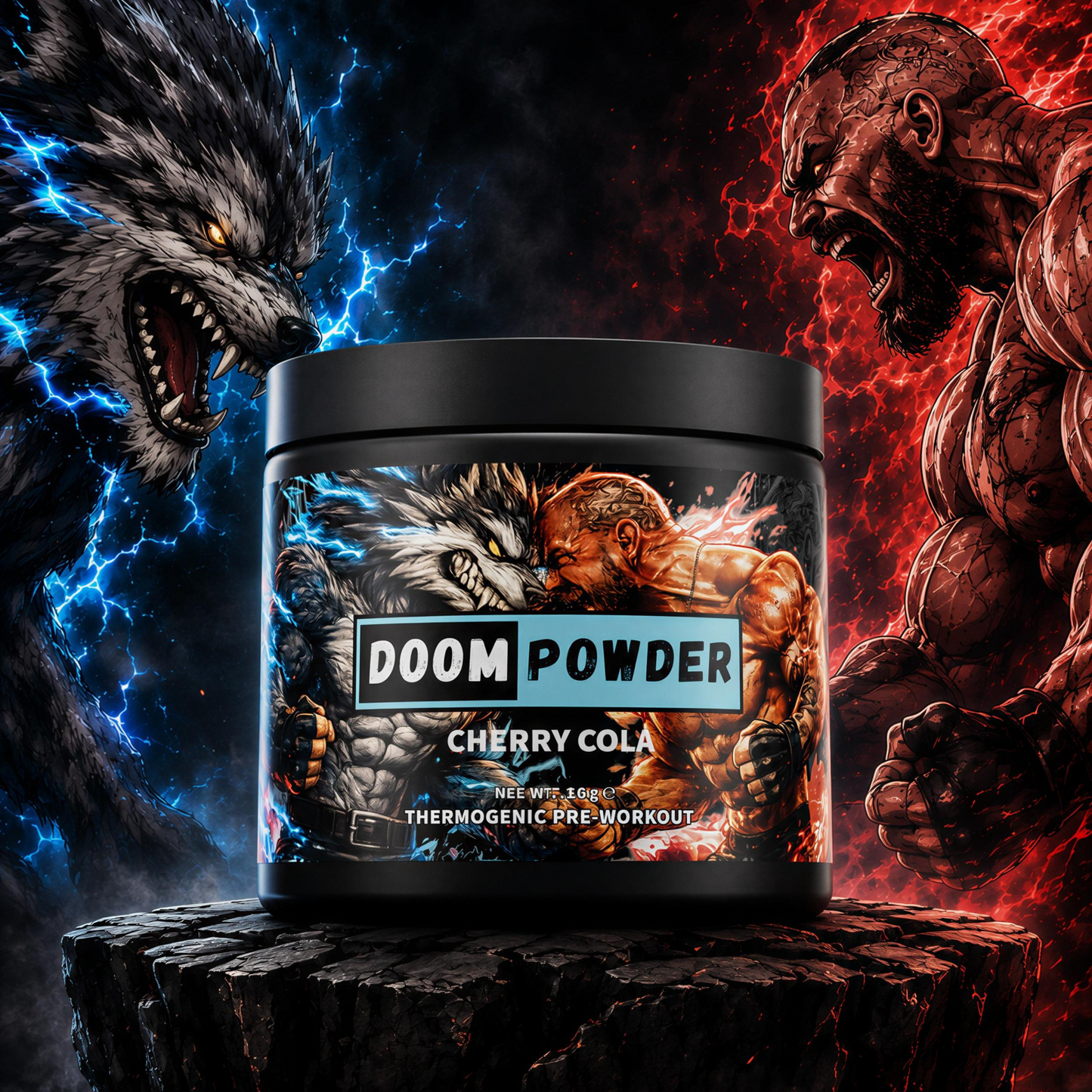 A black tub of DOOM POWDER Cherry Cola pre-workout supplement sits on a dark rock pedestal, flanked by a blue lightning wolf on the left and a red muscular man on the right, against a dramatic dark background.