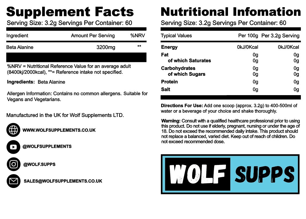 Black and white supplement facts and nutrition information panel for Wolf Supplements' Beta Alanine. The left side lists supplement facts including serving size of 3.
