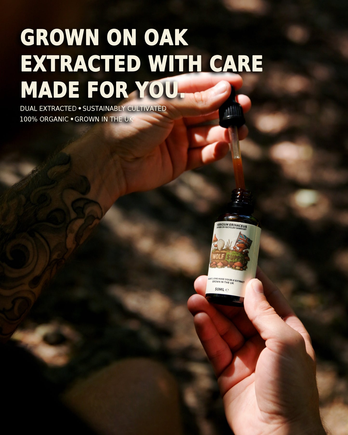 A person's hands hold a small amber dropper bottle over a forest floor background, with large white text reading 'GROWN ON OAK EXTRACTED WITH CARE MADE FOR YOU.' The bottle label is visible, and the scene is lit by dappled sunlight and shadow.