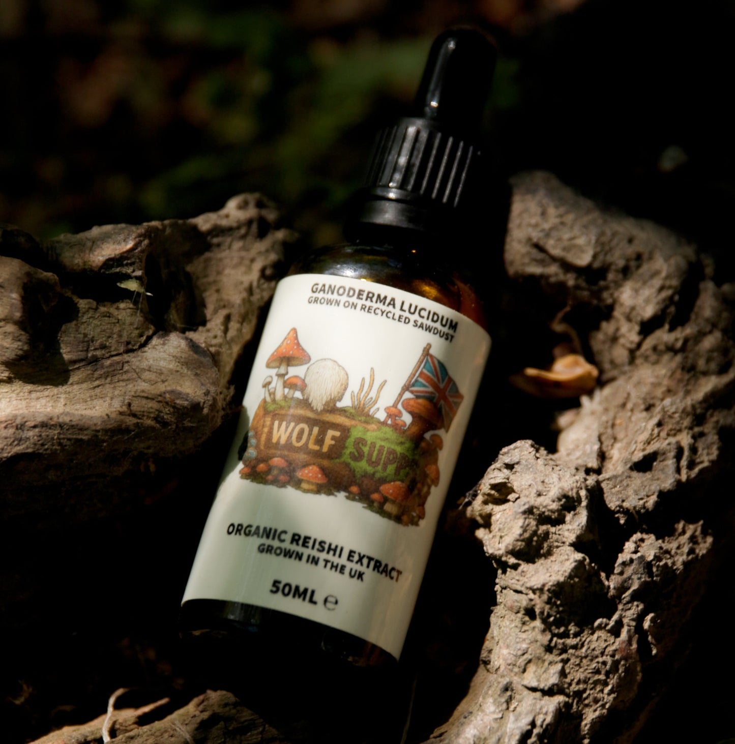 A small amber dropper bottle labeled 'Wolf Farm Organic Beehive Extract' resting on weathered tree bark in a forest setting.