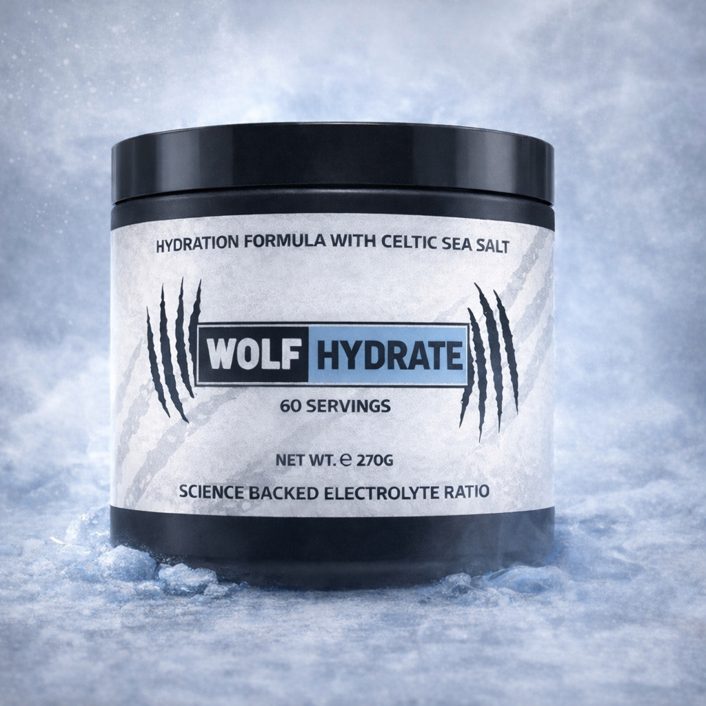 Wolf Hydrate supplement container on a snowy background