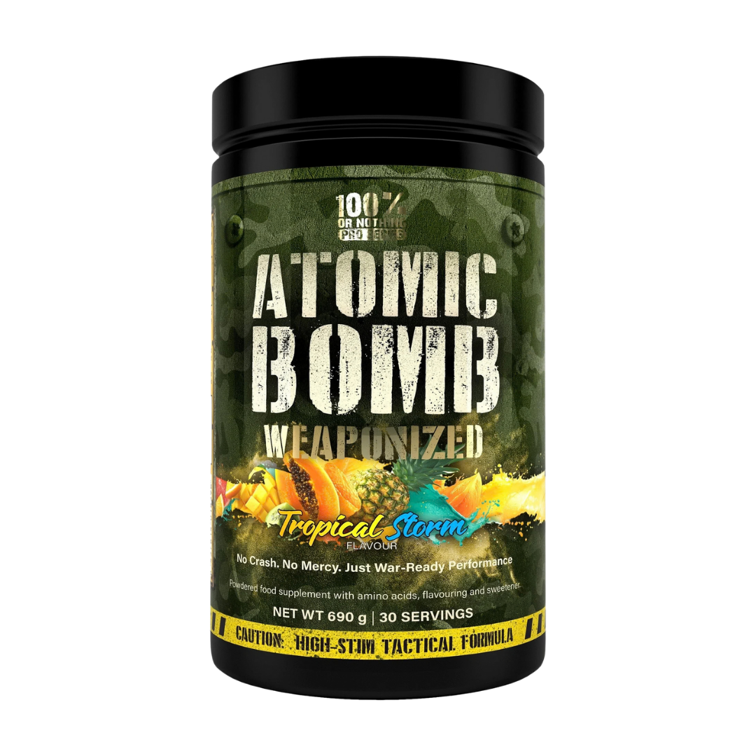 Pre workout labeled '100% Or Nothing Pro Series - Atomic Bomb Weaponized' with tropical storm flavour. Net WT 690g, 30 servings.
