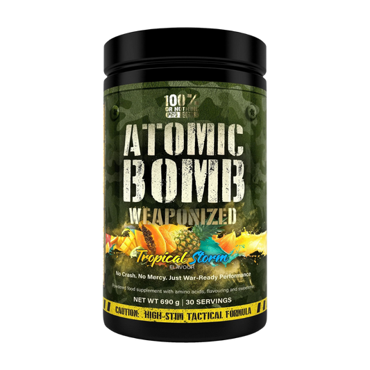 Pre workout labeled '100% Or Nothing Pro Series - Atomic Bomb Weaponized' with tropical storm flavour. Net WT 690g, 30 servings.