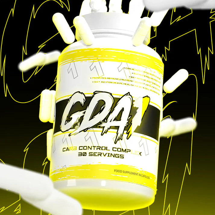Yellow supplement bottle labeled 'GDA1' by 1 source supplements, with a black background and white text.