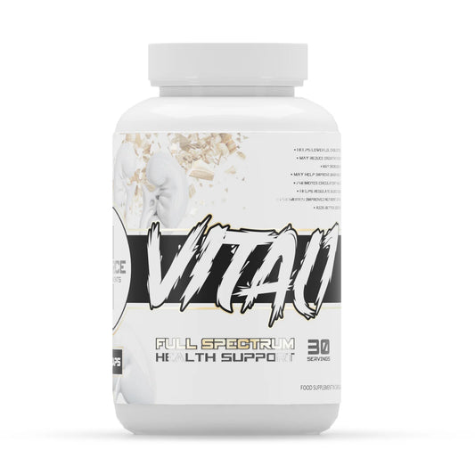 A white plastic bottle of VITAL1 by 1Source Supps Full Spectrum Health Support dietary supplement, featuring a white cap and a label with black and white graphics