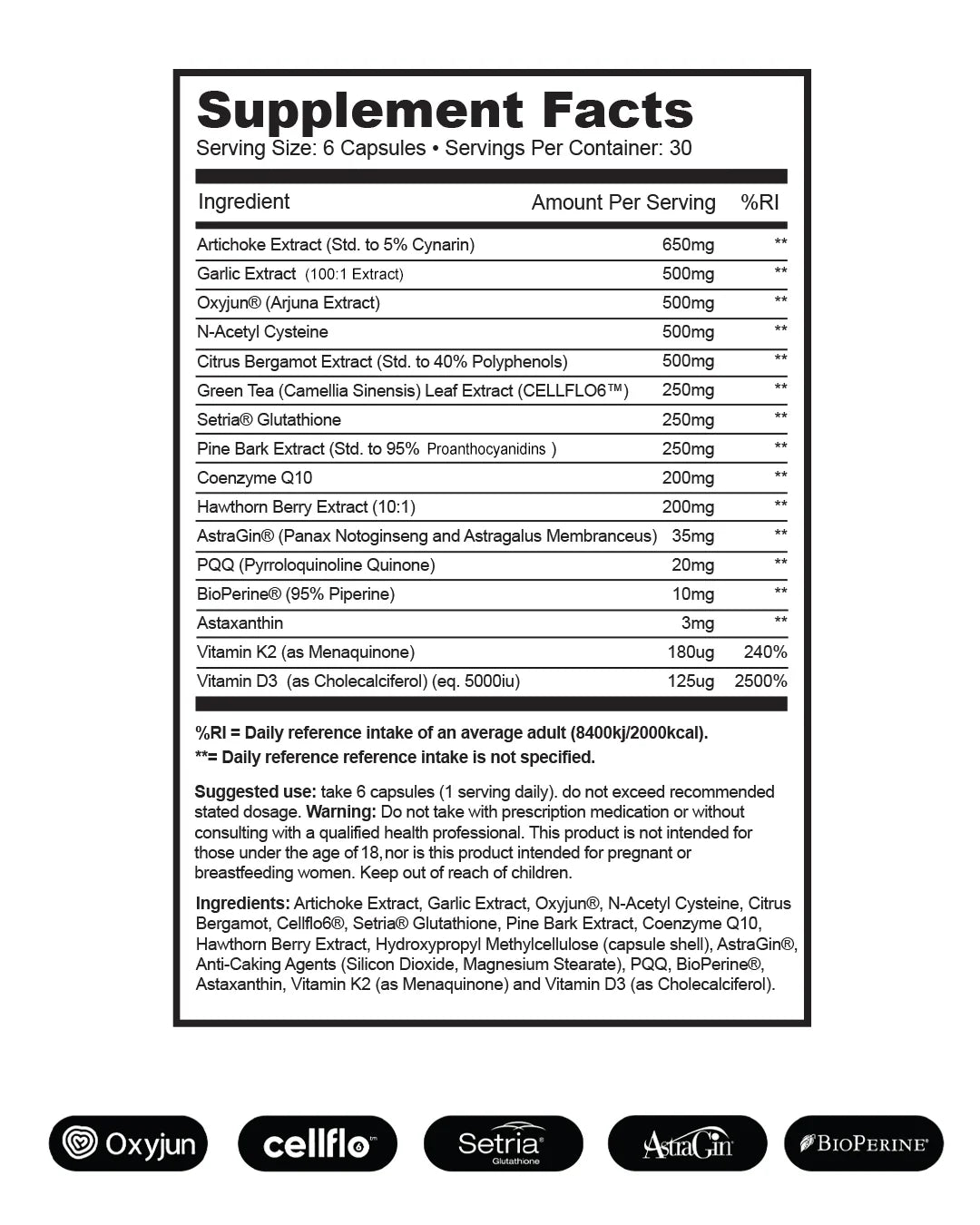 Supplement facts nutritional information panel for 1Source Supps Vital1 full spectrum health support supplement