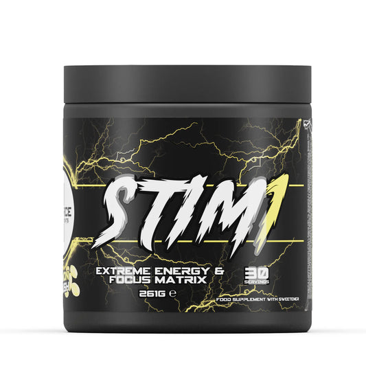 Black container of 'STIM1' energy and focus supplement with lightning designs on a white background