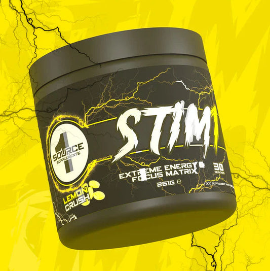 Black container of 'STIM1' pre workout supplement with yellow text on a yellow background