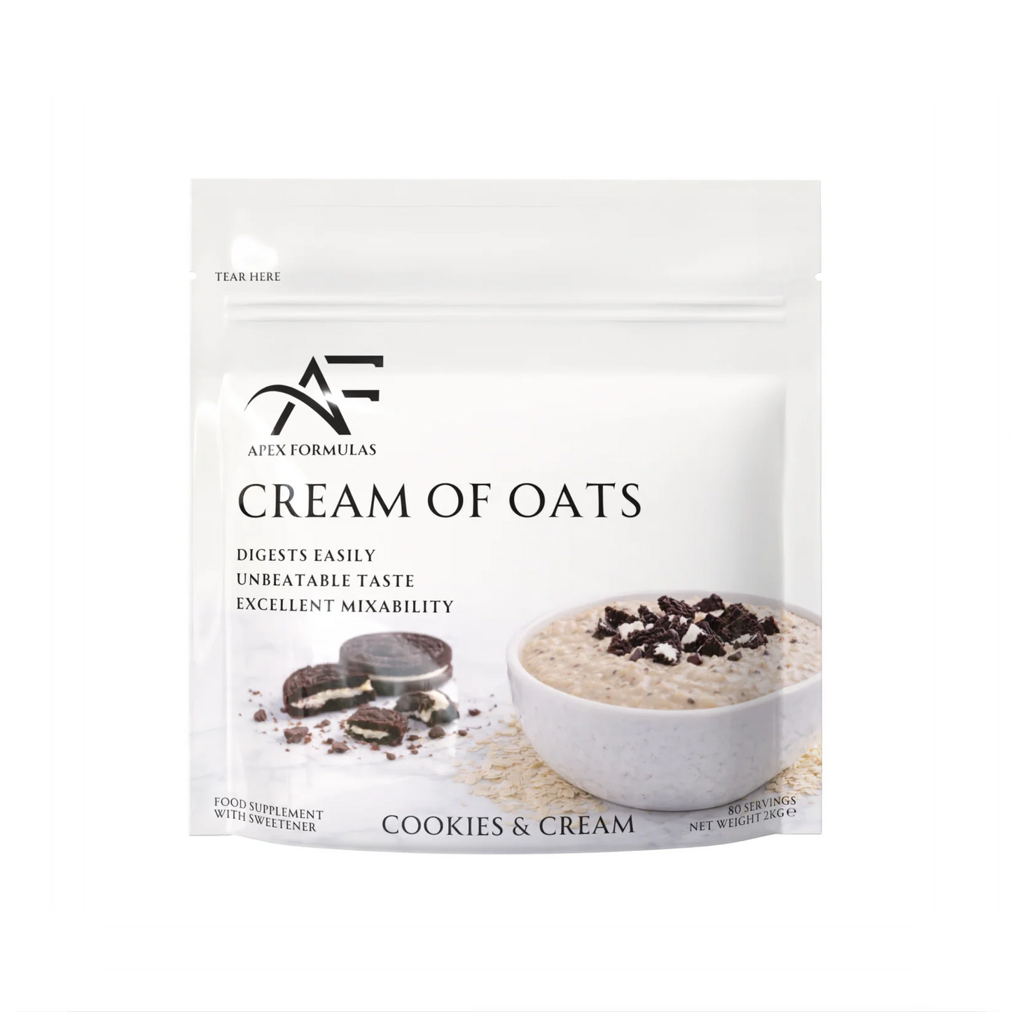 Package of Cream of Oats with Apex Formulas branding on a white background. Cookies and cream flavour.