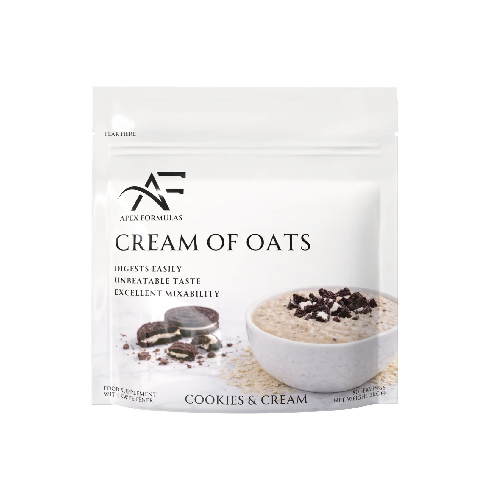 Package of Cream of Oats with Apex Formulas branding on a white background. Cookies and cream flavour.
