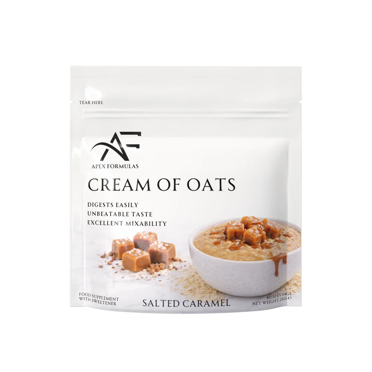Package of Cream of Oats with Apex Formulas branding on a white background. Salted caramel flavour.