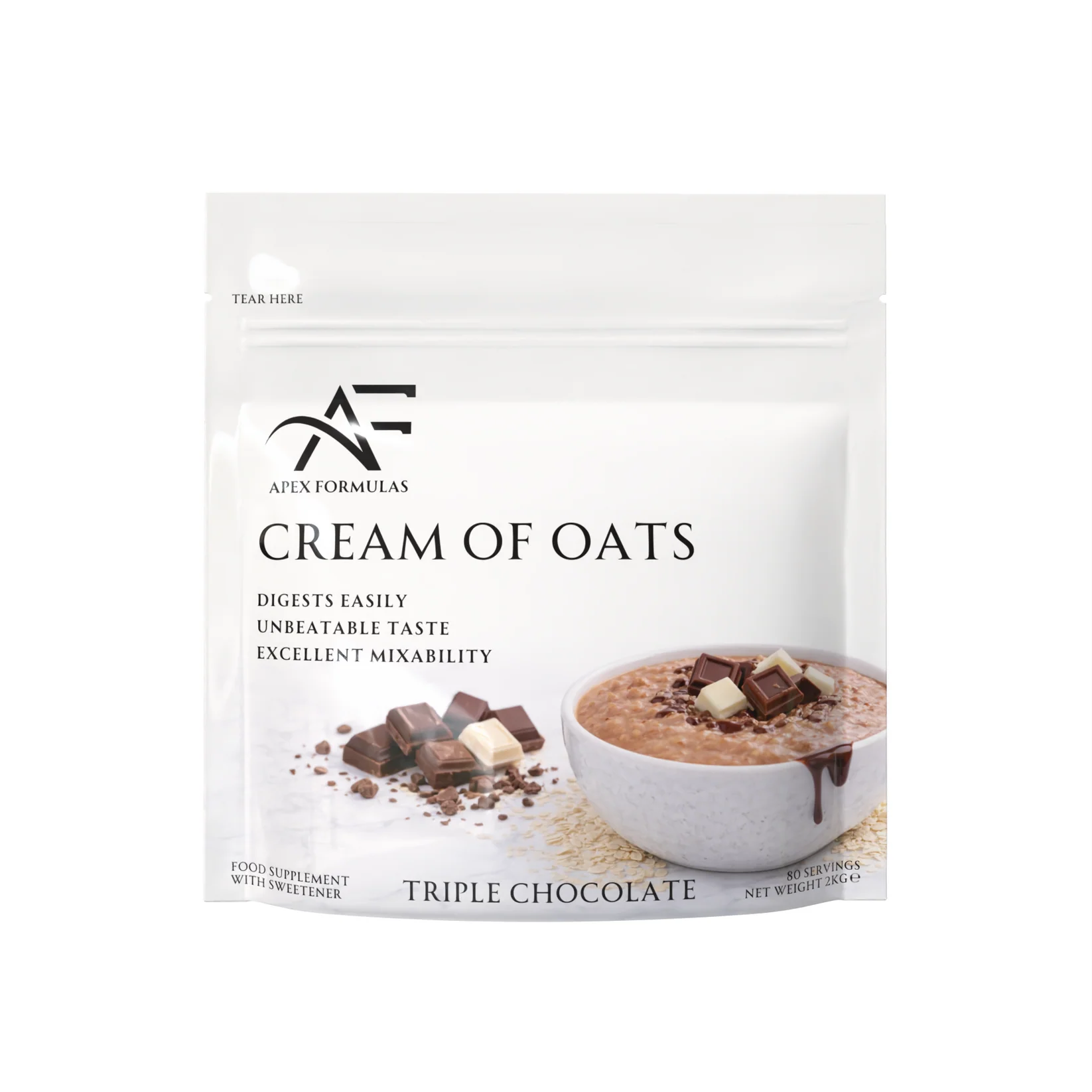 Package of Cream of Oats with Apex Formulas branding on a white background. Triple chocolate flavou
