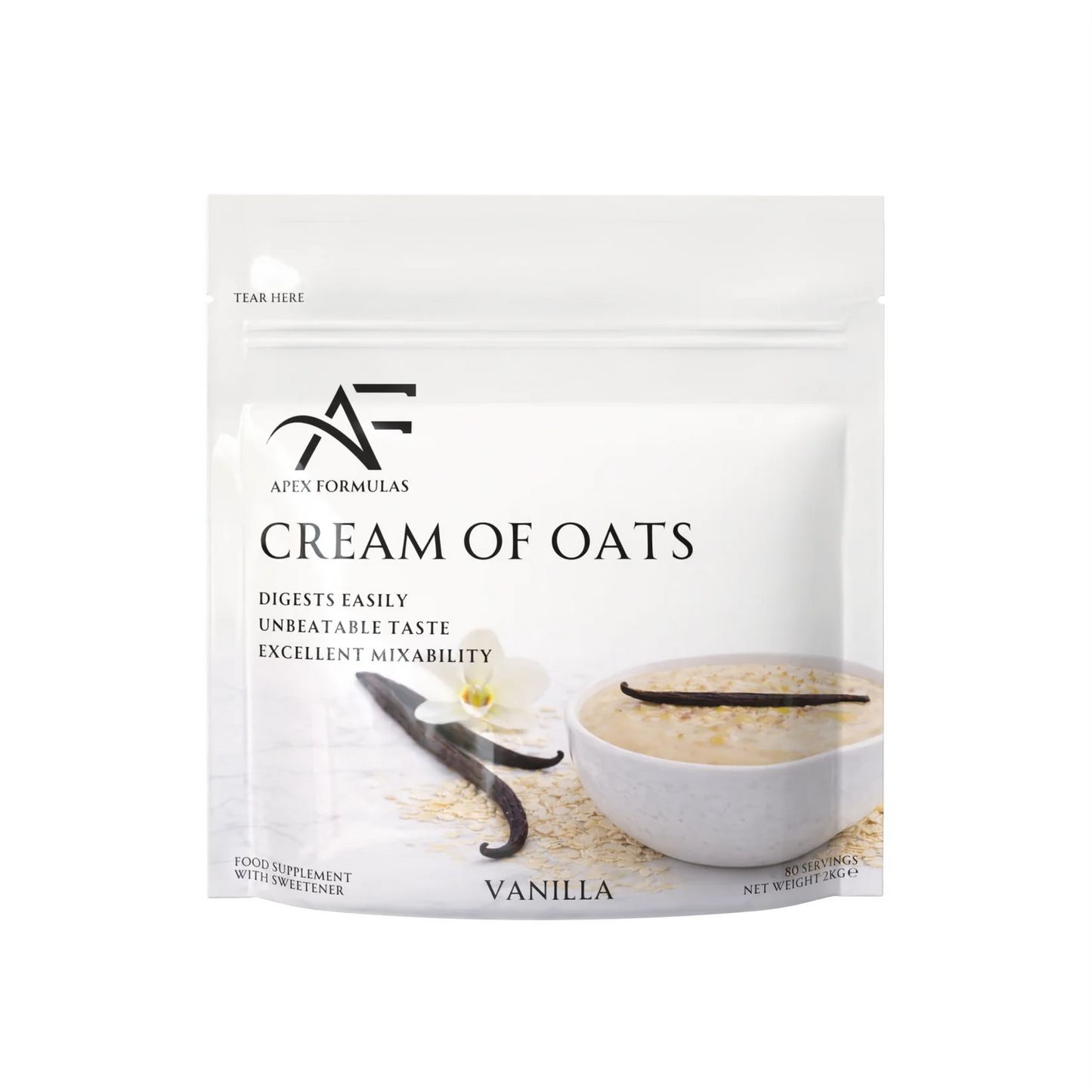 Package of Cream of Oats with Apex Formulas branding on a white background. Vanilla flavour.