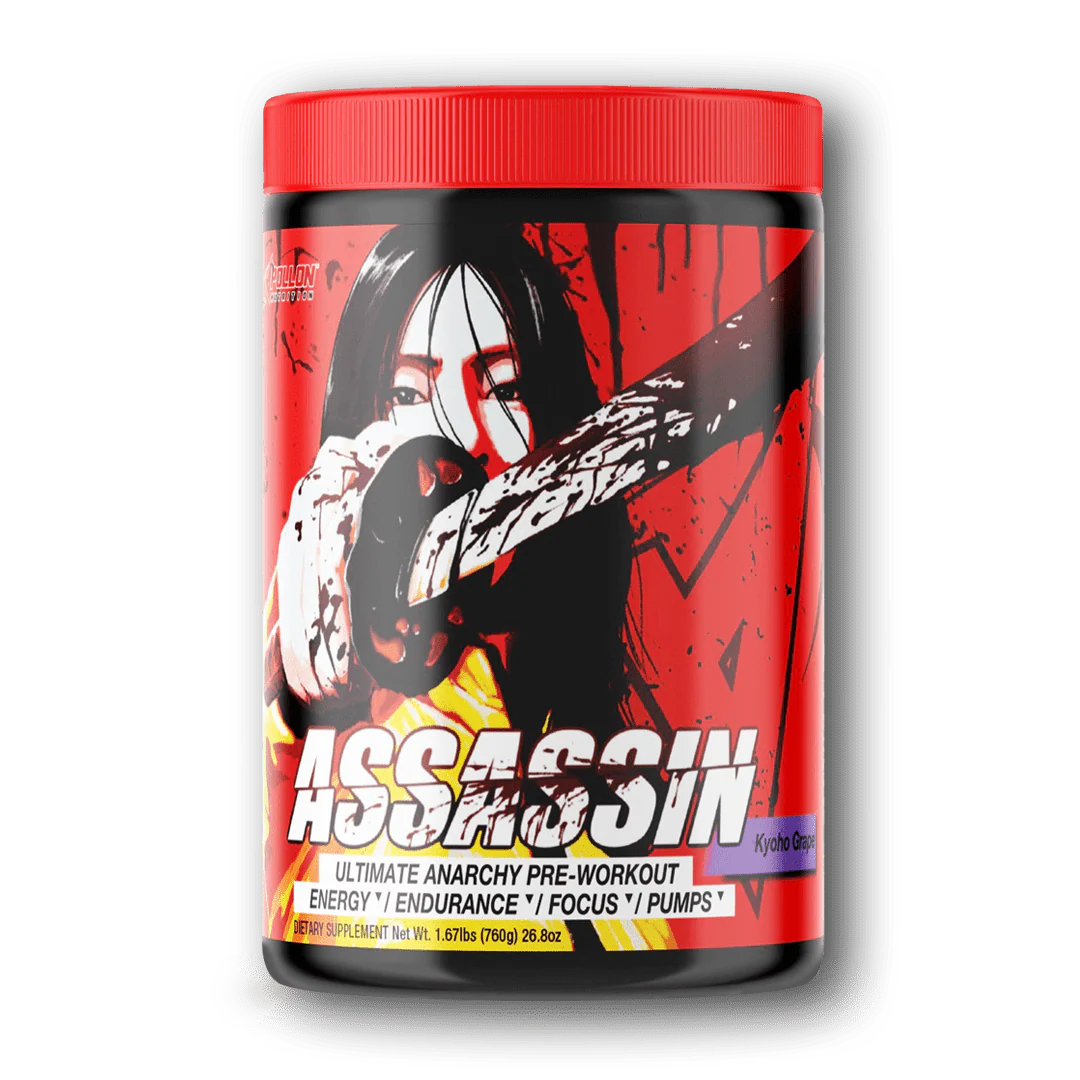 Apollon Nutrition Assassin pre-workout supplement container with red and black design on a white background