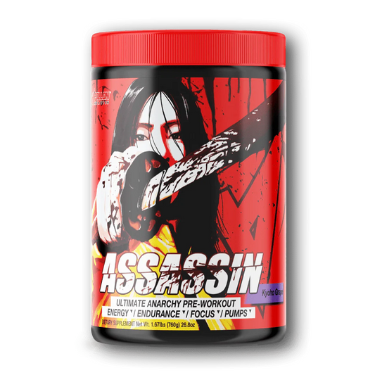 Apollon Nutrition Assassin pre-workout supplement container with red and black design on a white background