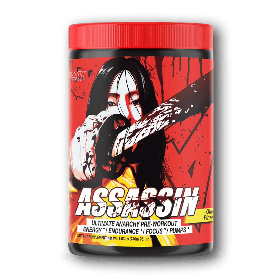 Apollon Nutrition Assassin pre-workout supplement container with red and black design on a white background