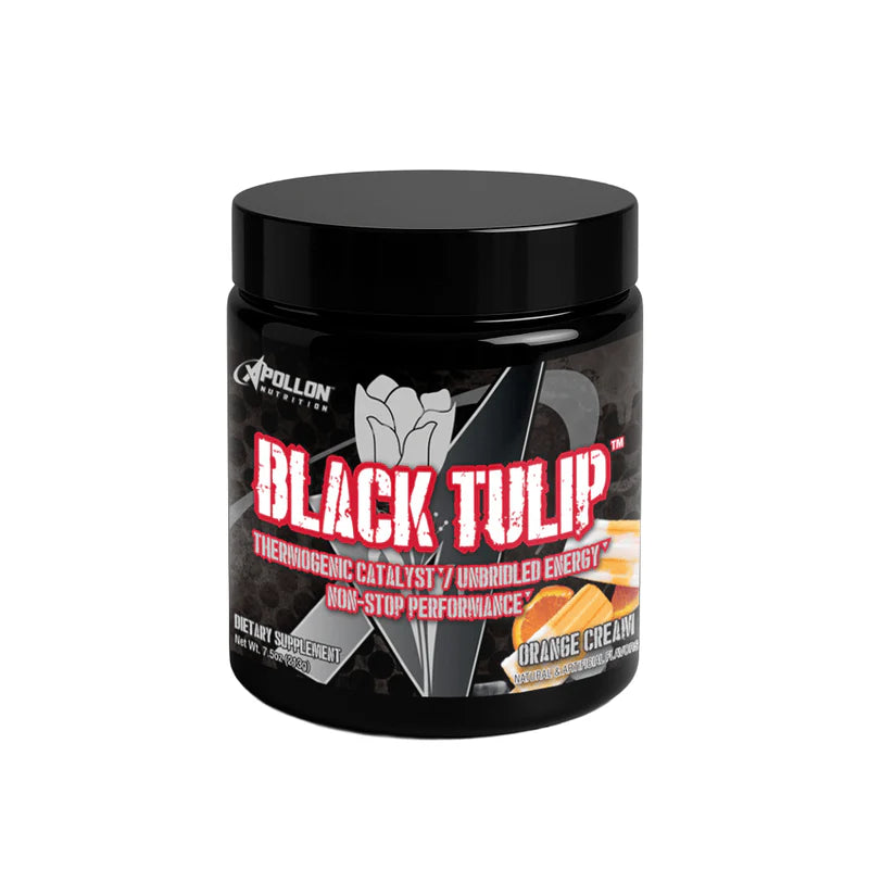 Apollon Nutrition Black Tulip dietary supplement container with orange cream flavor on a white background