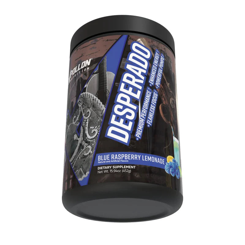 Apollon Nutrition Desperado dietary supplement container with blue raspberry lemonade flavor on a white background