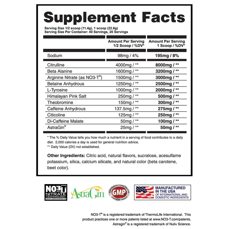 Apollon Nutrition Desperado supplement facts label with various ingredients and their amounts on a white background