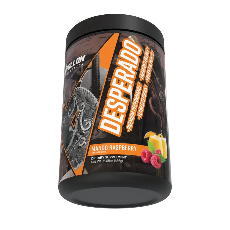 Apollon Nutrition Desperado dietary supplement container with mango raspberry flavor on a white background