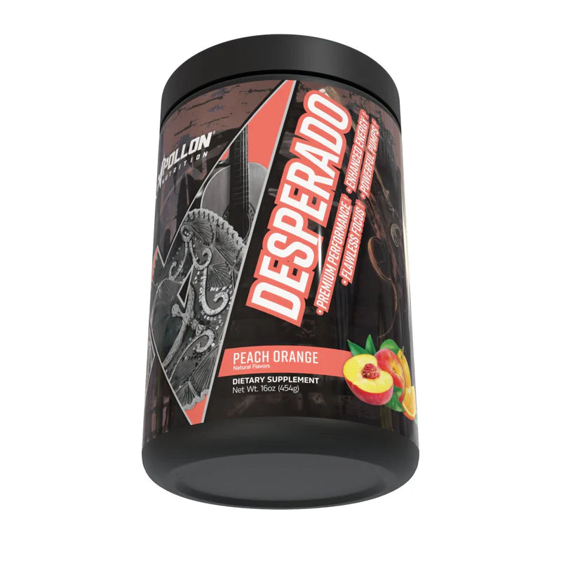 Apollon Nutrition Desperado peach orange dietary supplement container on a white background