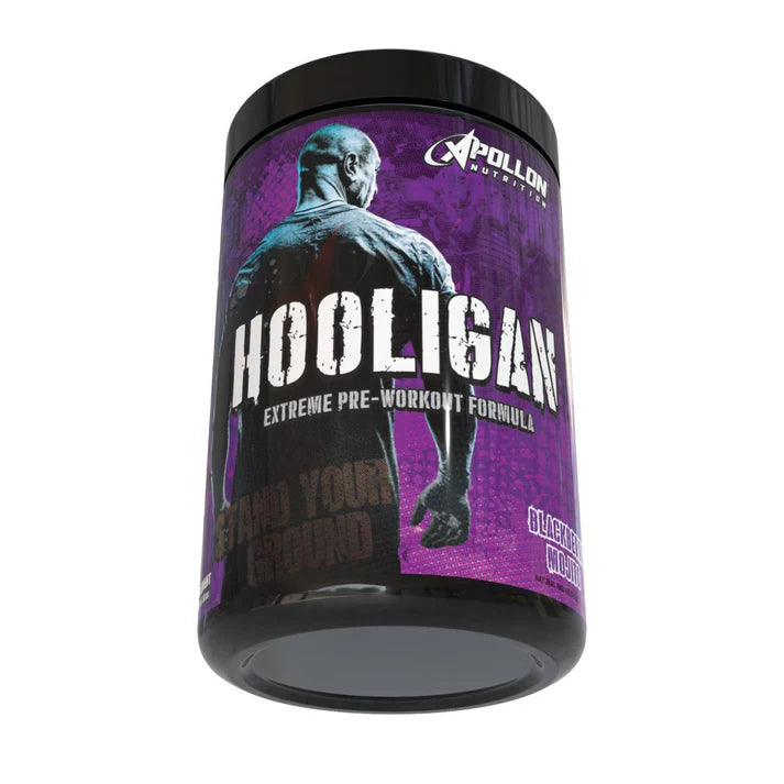 Pre-workout supplement container labeled 'Hooligan' by Apollon Nutrition on a white background