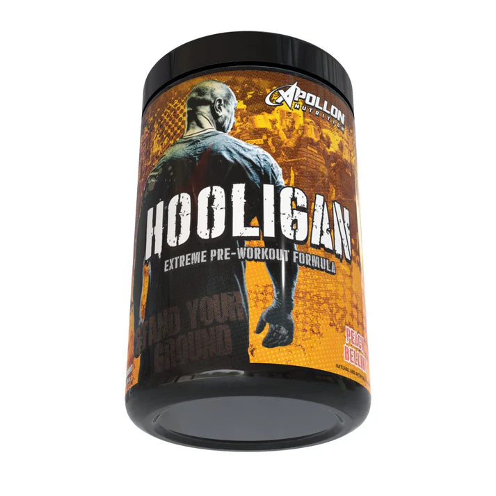 Pre-workout supplement container labeled 'Hooligan' by Apollon Nutrition on a white background