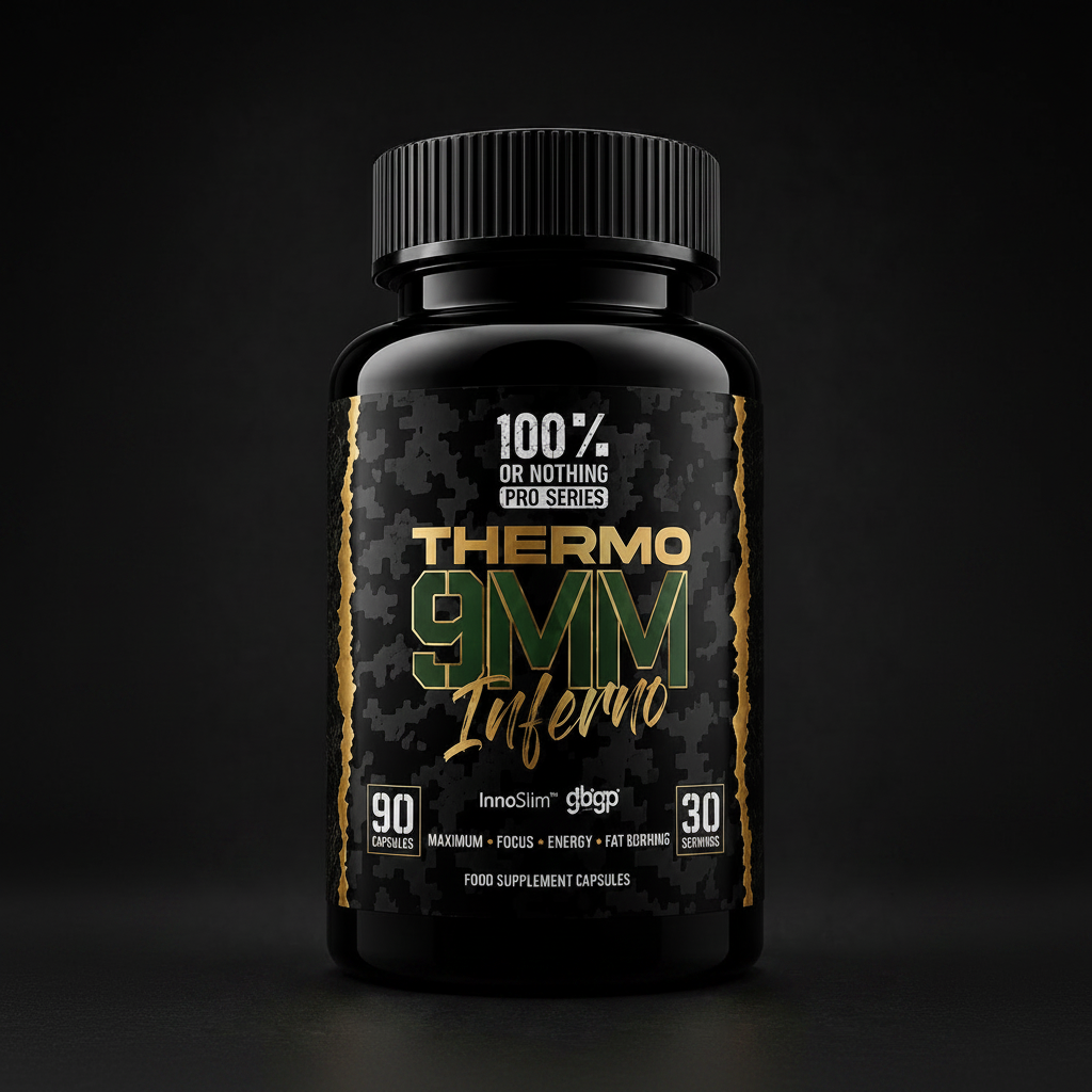 Black supplement bottle labeled 'Thermo 9VM Inferno' on a dark background