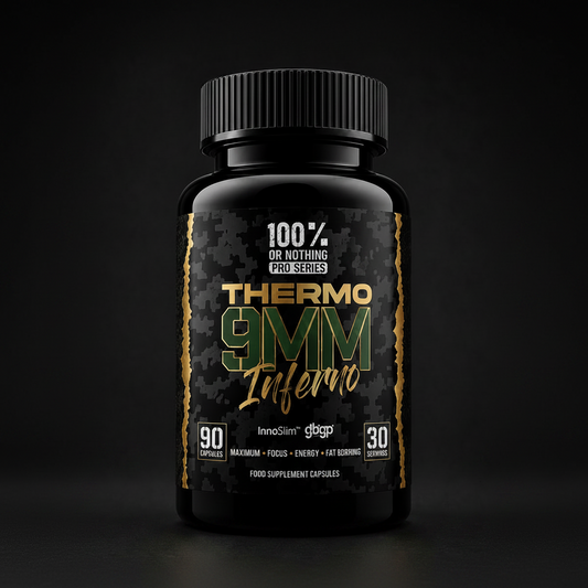 Black supplement bottle labeled 'Thermo 9VM Inferno' on a dark background