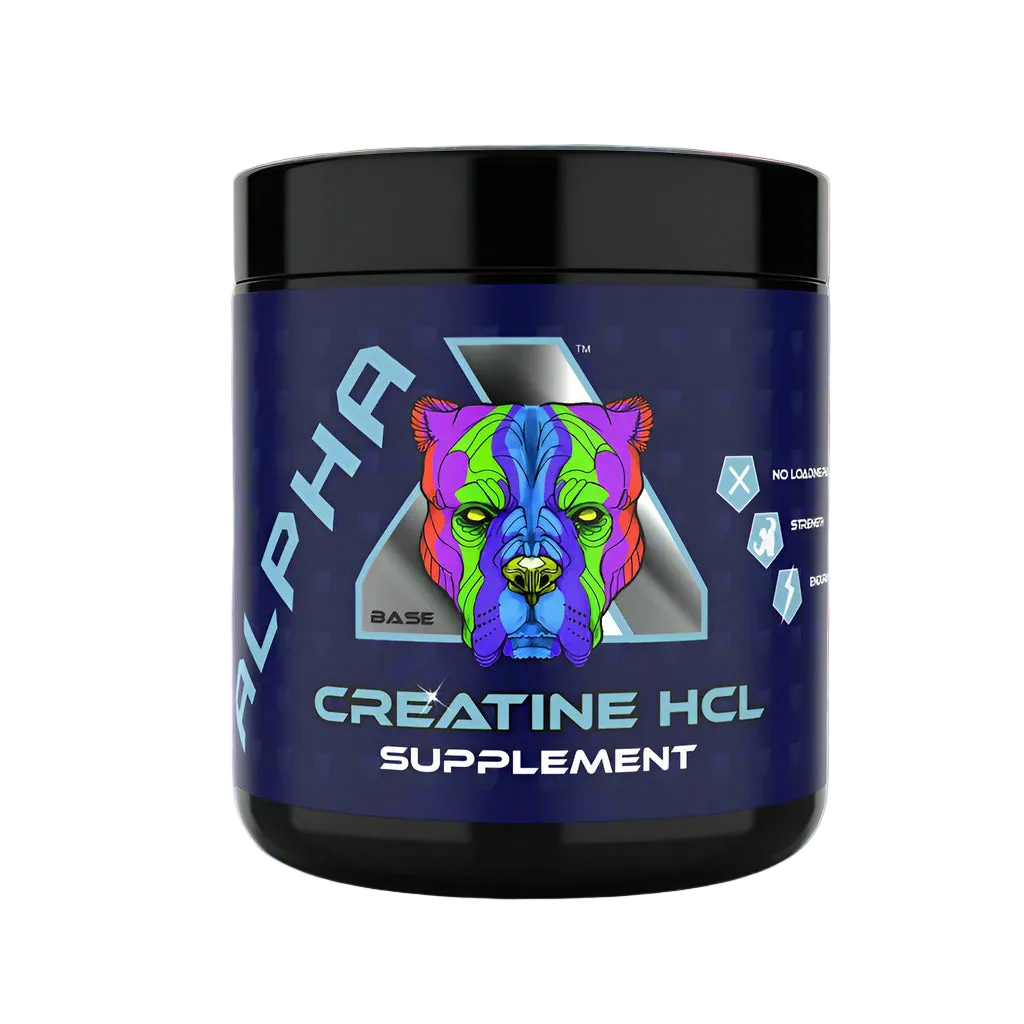 A container of Alpha Neon Creatine HCL supplement with a colorful graphic of a cartoon bear on the label, surrounded by sliced oranges and whole raspberries.