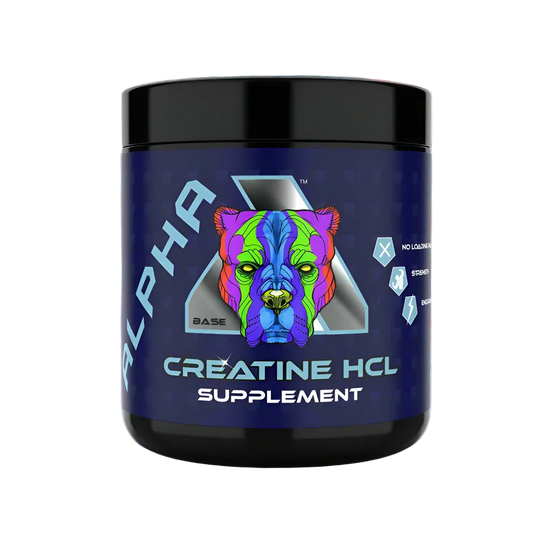 A container of Alpha Neon Creatine HCL supplement with a colorful graphic of a cartoon bear on the label, surrounded by sliced oranges and whole raspberries.