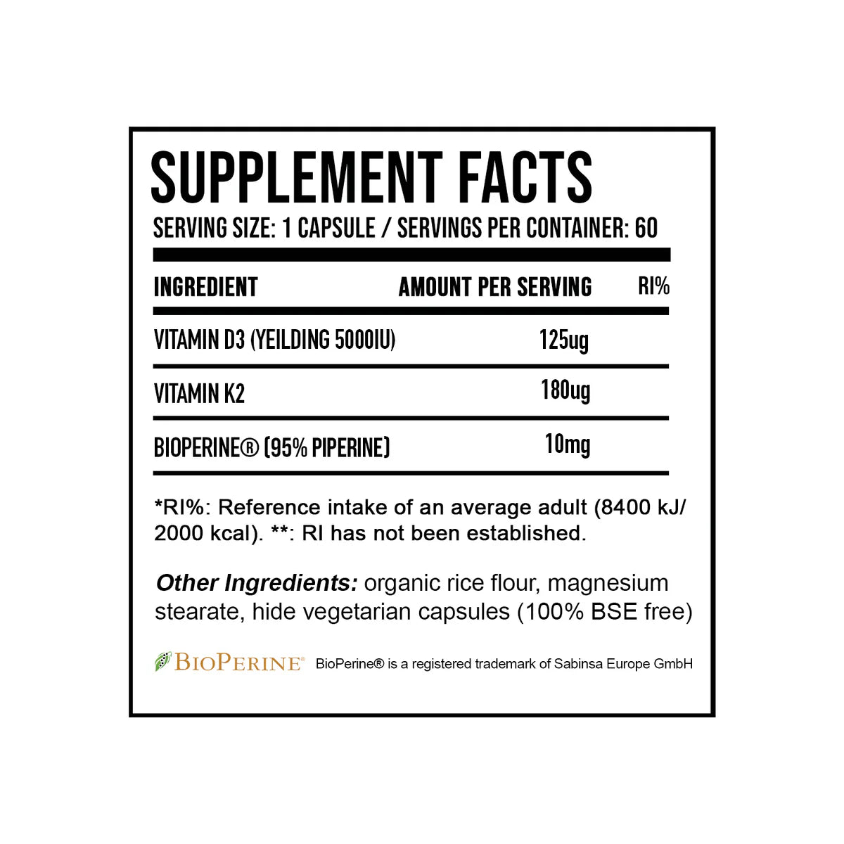Supplement facts nutritional information for DNA Sports Vitamin D3 + K2 supplement with bioperine