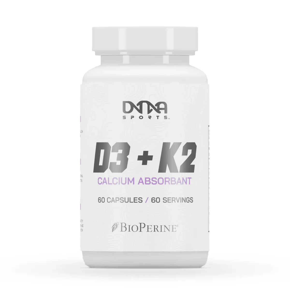 A white plastic bottle of DNA Sports vitamin D3 + K2 Calcium Absorbant dietary supplement by BioPerine, featuring a white cap and a clean white label with black and purple text.
