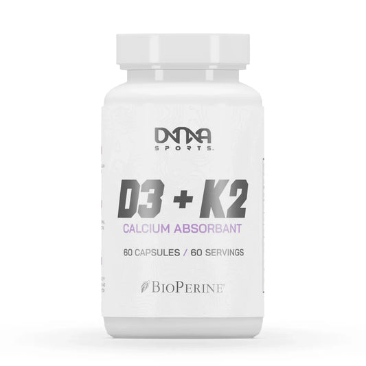 A white plastic bottle of DNA Sports vitamin D3 + K2 Calcium Absorbant dietary supplement by BioPerine, featuring a white cap and a clean white label with black and purple text.