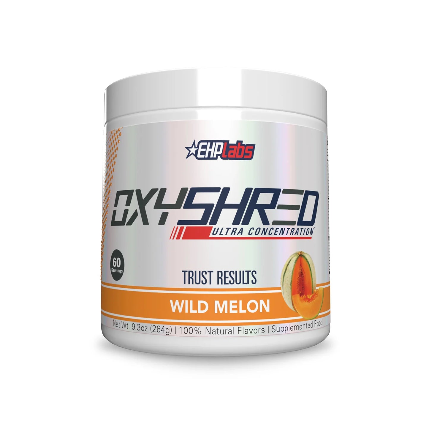 White supplement container of EHP Labs oxyshred ultra concentration in wild melon flavour