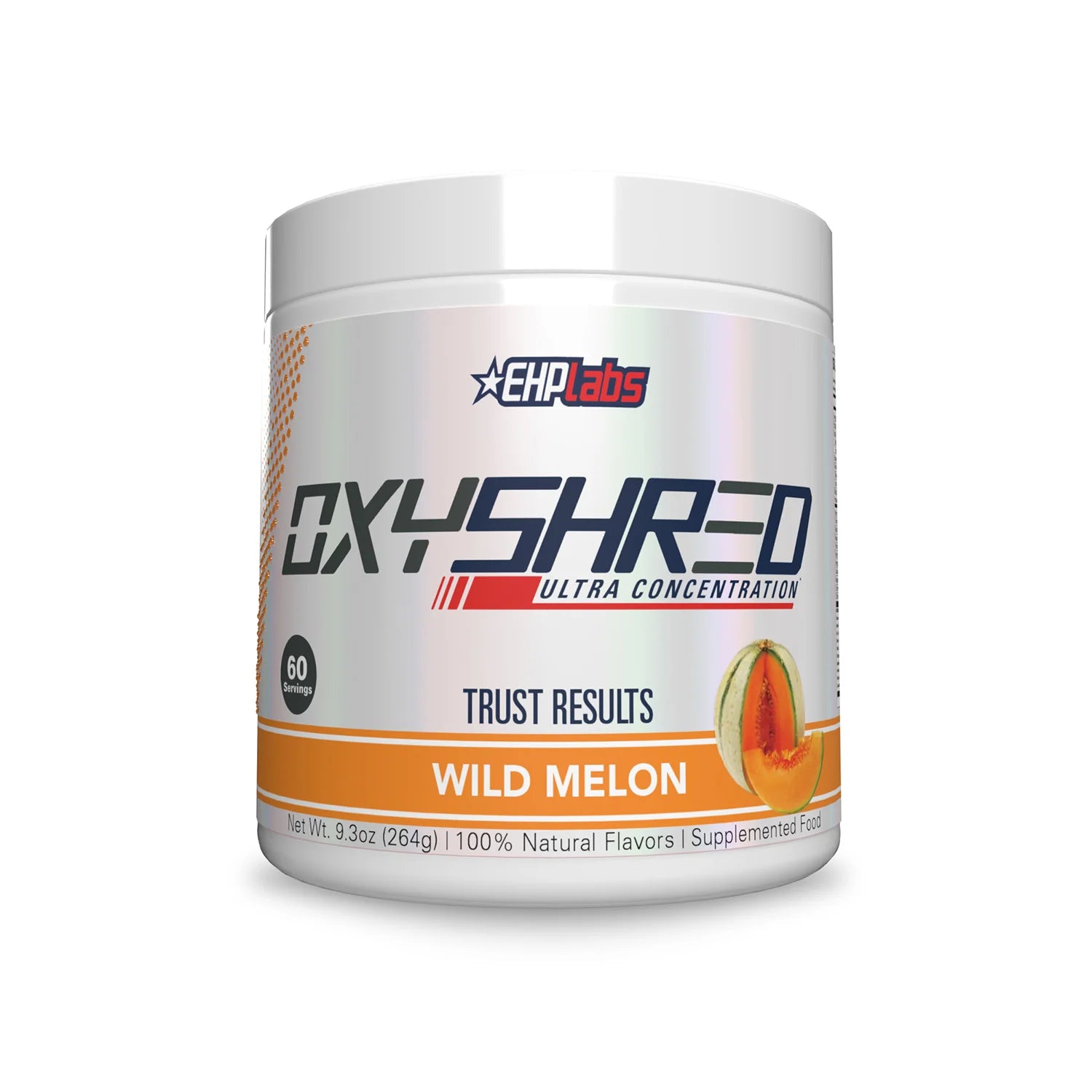 White supplement container of EHP Labs oxyshred ultra concentration in wild melon flavour