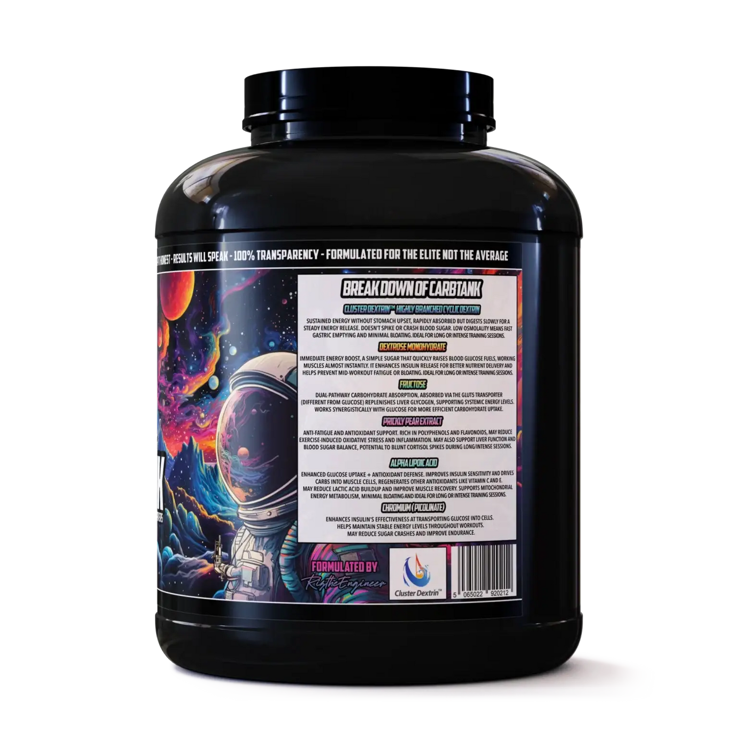 Black supplement container with space-themed design and label on a white background