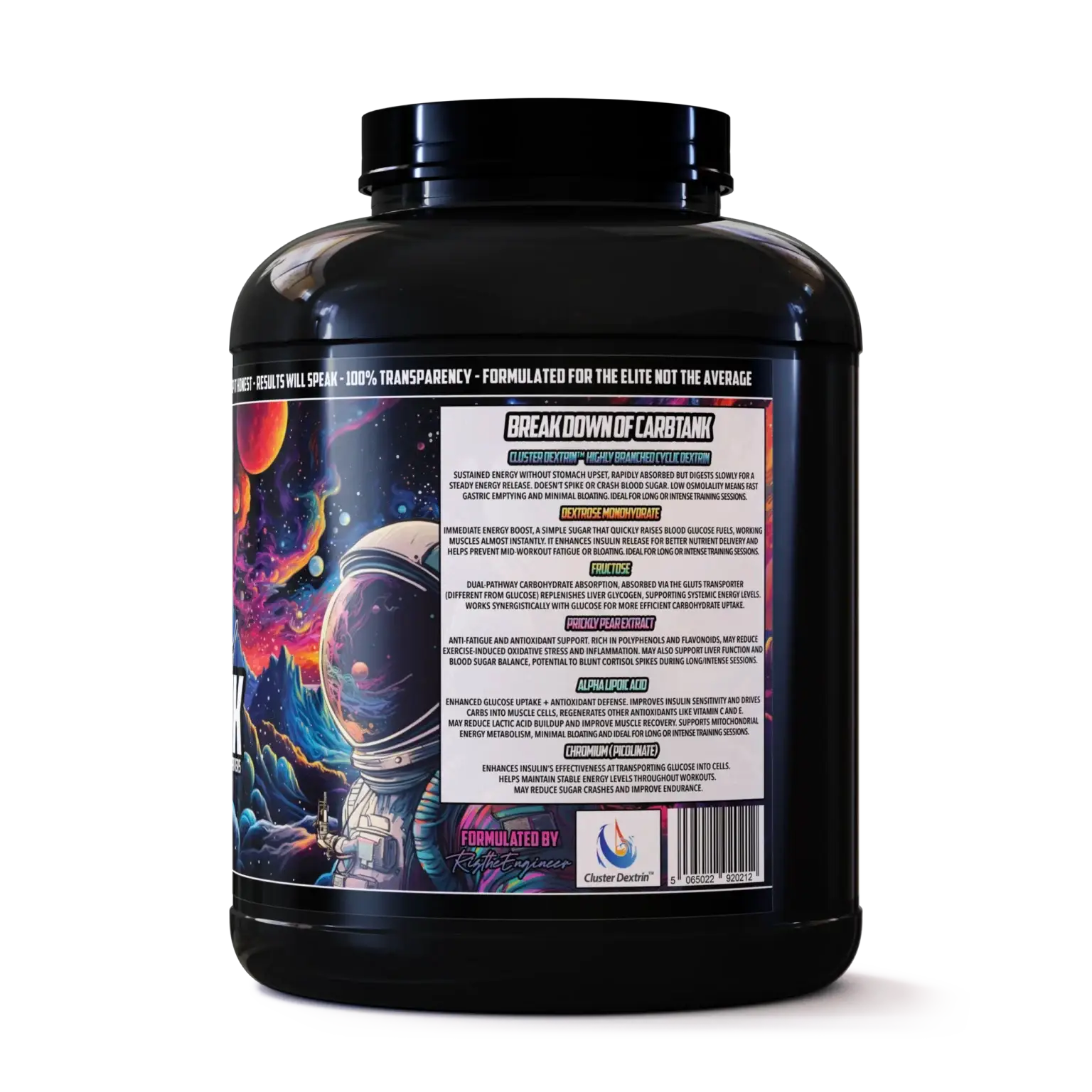 Black supplement container with space-themed design and label on a white background