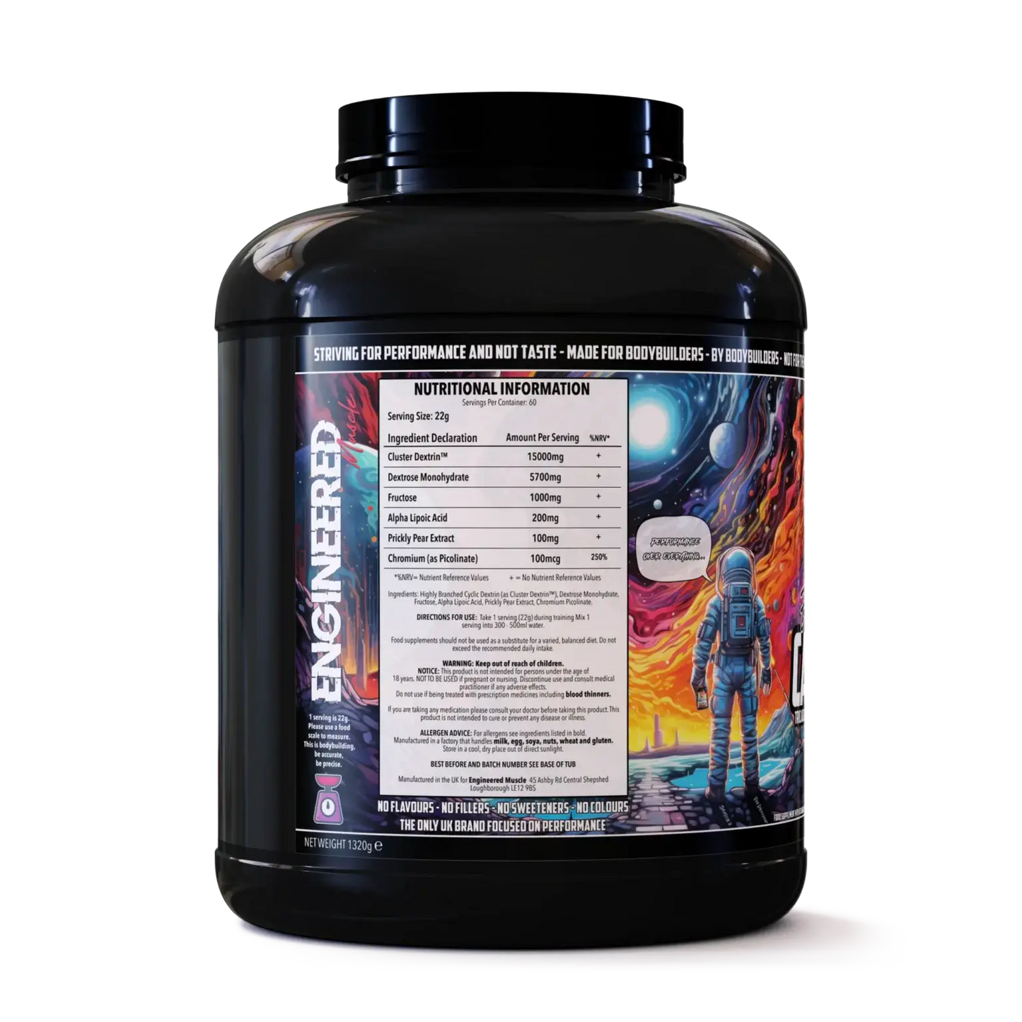 Black supplement container with colorful label featuring an astronaut and space-themed design.