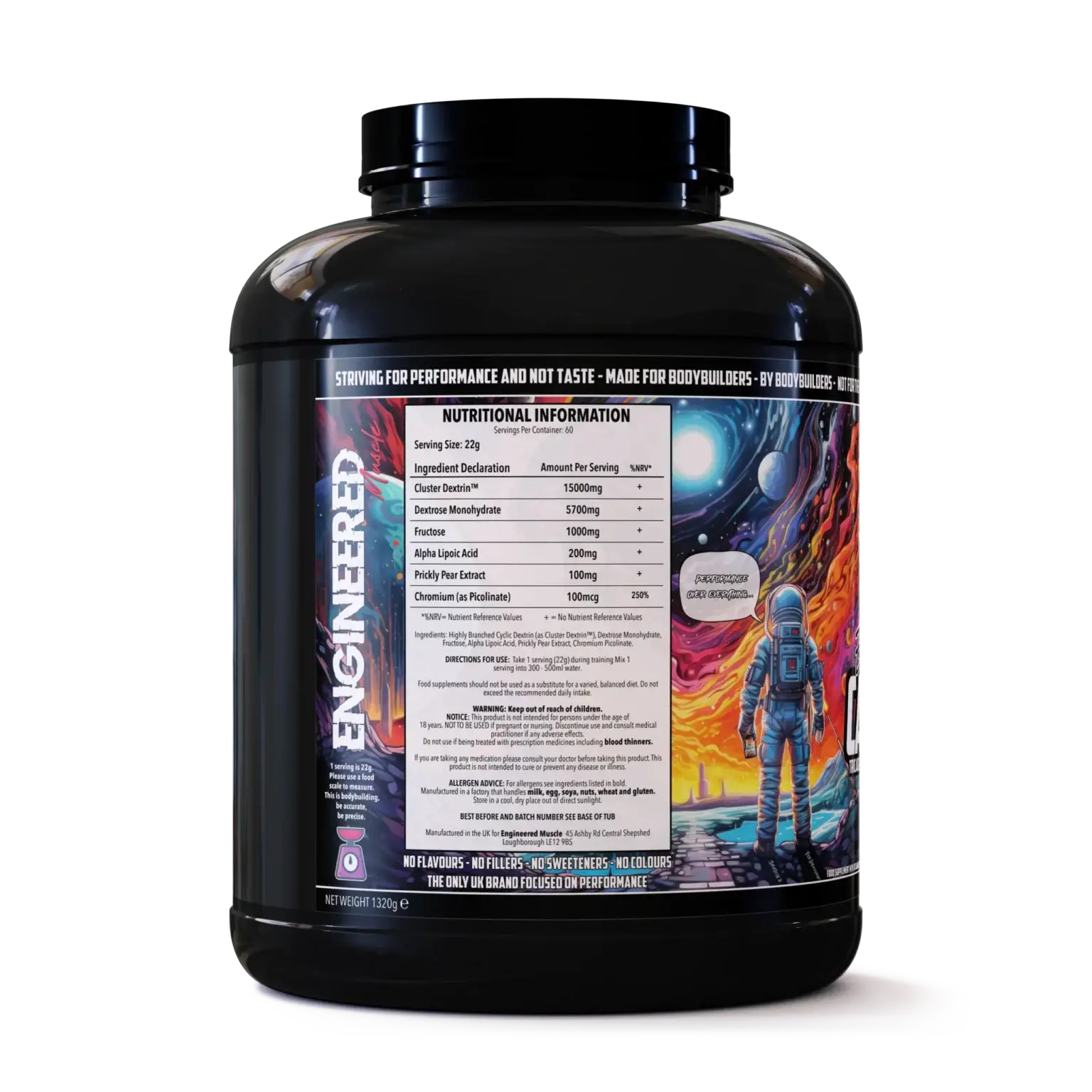 Black supplement container with colorful label featuring an astronaut and space-themed design.