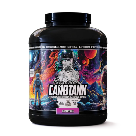 Supplement container labeled 'CarbTank' with a colorful design on a white background