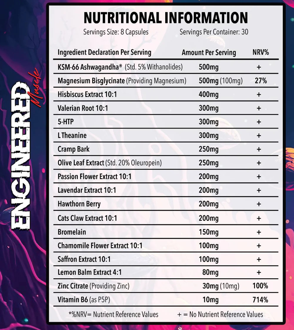 Nutritional information label for a supplement with various ingredients and their amounts per serving.