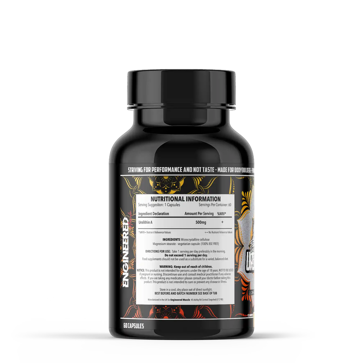 Black supplement bottle of urolithin a by engineered muscle with nutritional information label on a white background