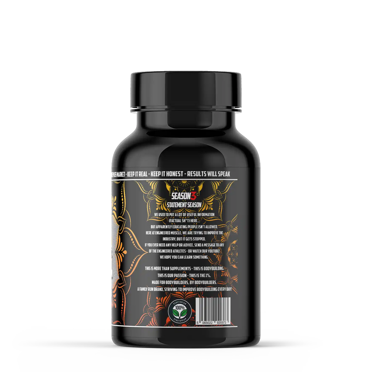 Black supplement bottle with detailed label on a white background