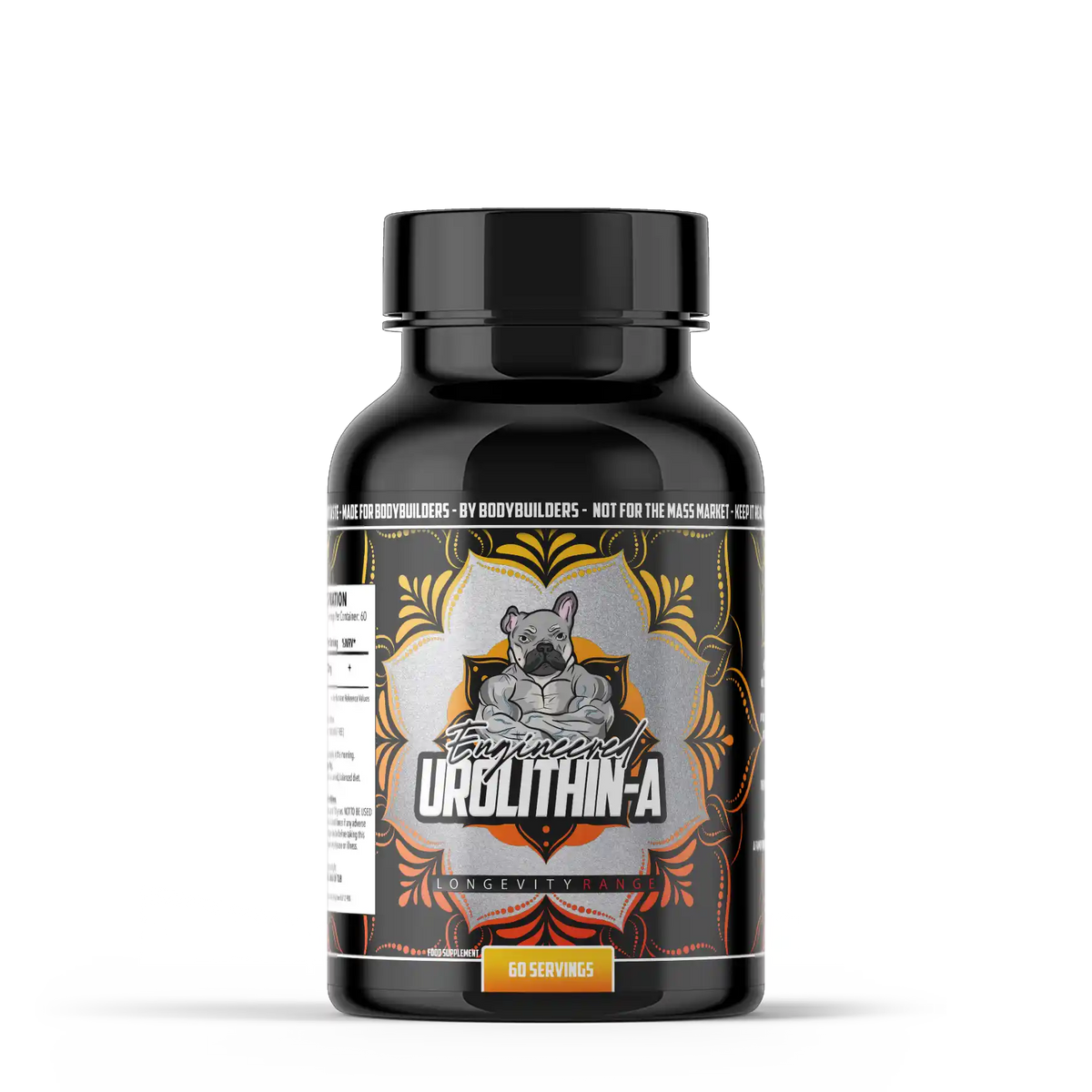 Black supplement bottle of urolithin a by engineered muscle with a label featuring a graphic of a dog and text on a white background